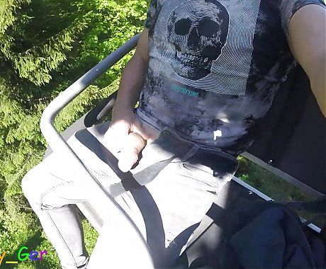 I jerk my hot cock from soft to hard in a moving chair lift. Public fun outside in the Bavarian Alps.